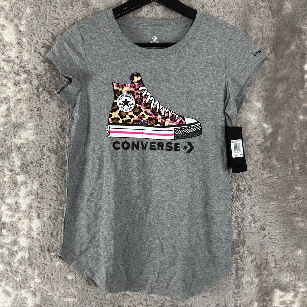 New Converse Size XL Cheetah Print Sneaker Graphic T-Shirt Grey Short Sleeve